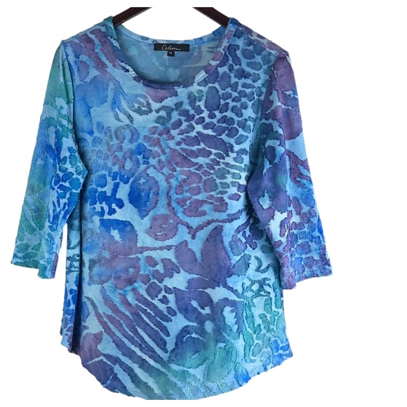Caleaas Tunic Top Shirt Sz Petite Large PL Art to Wear Vibrant Floral Boho Blue - Picture 2 of 6